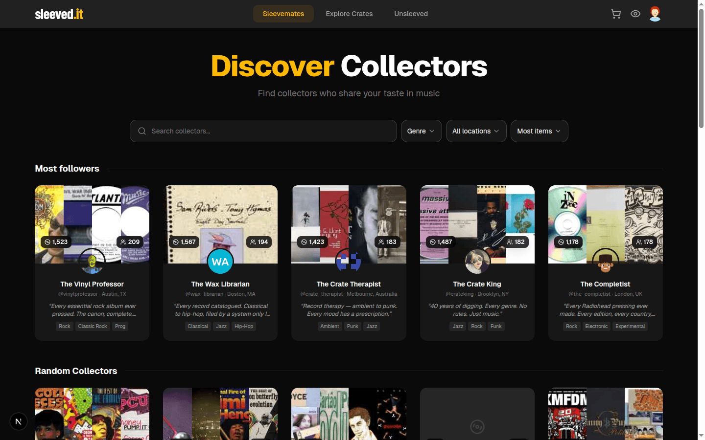 Discover Collectors page showing collector profiles with genres and collection sizes