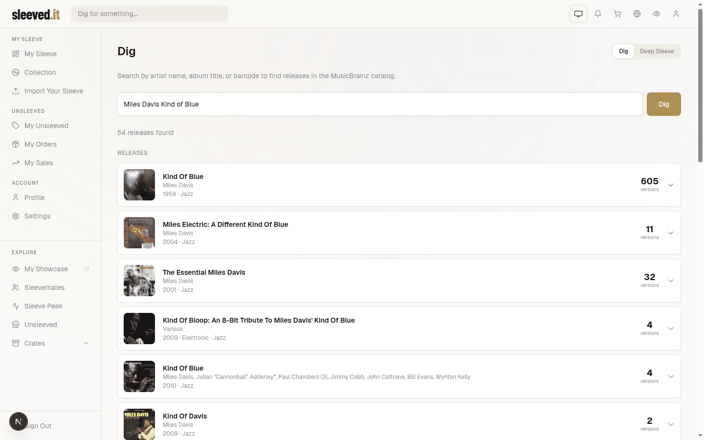 Search results for Miles Davis Kind of Blue showing album covers and version counts