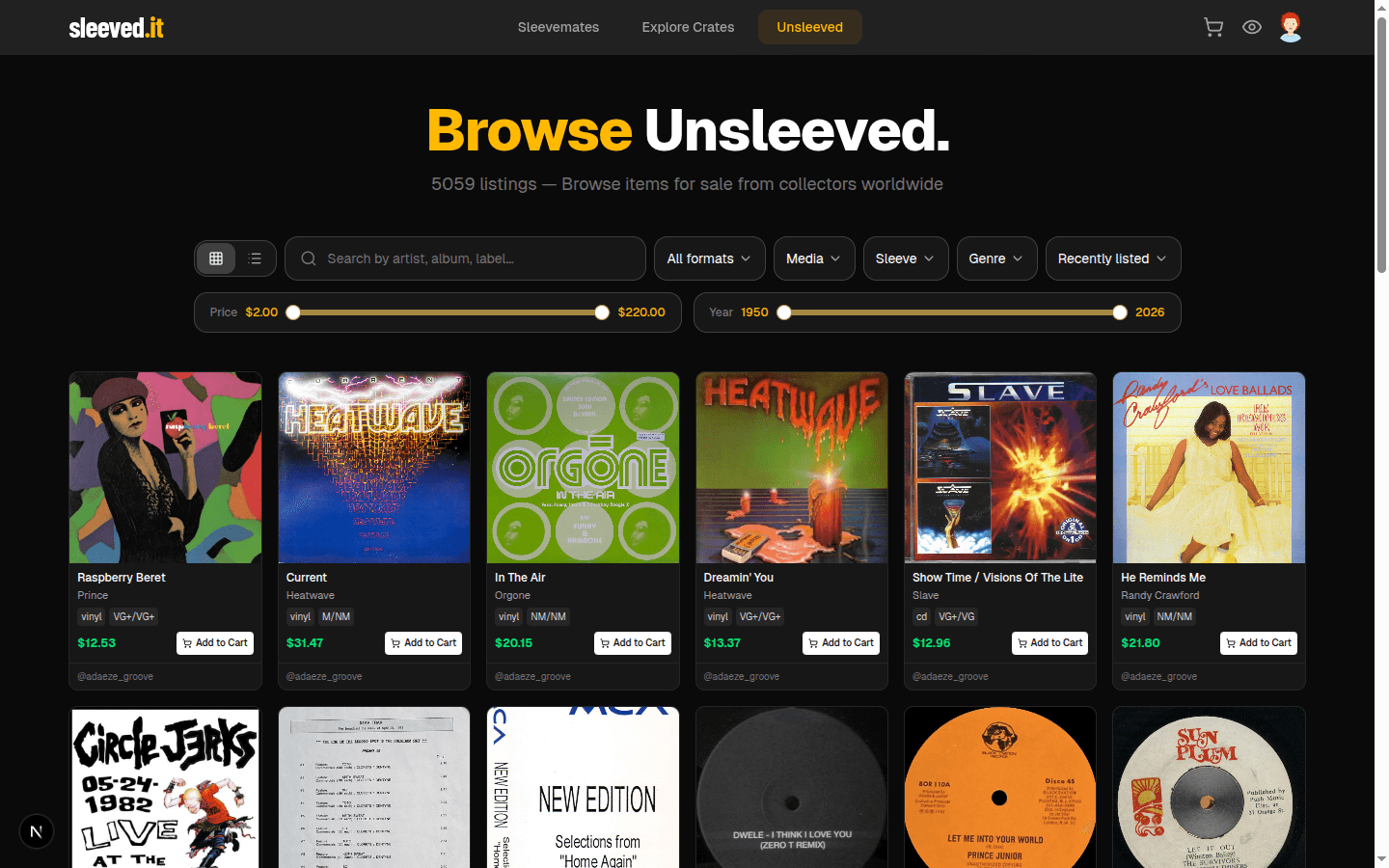 Marketplace showing vinyl listings with prices, conditions, and Add to Cart buttons